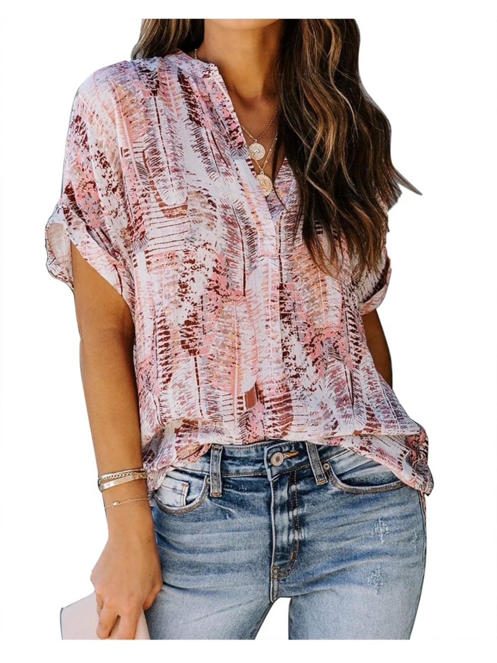 Pink Abstract Print V-Neck Blouse Tunic Top XL